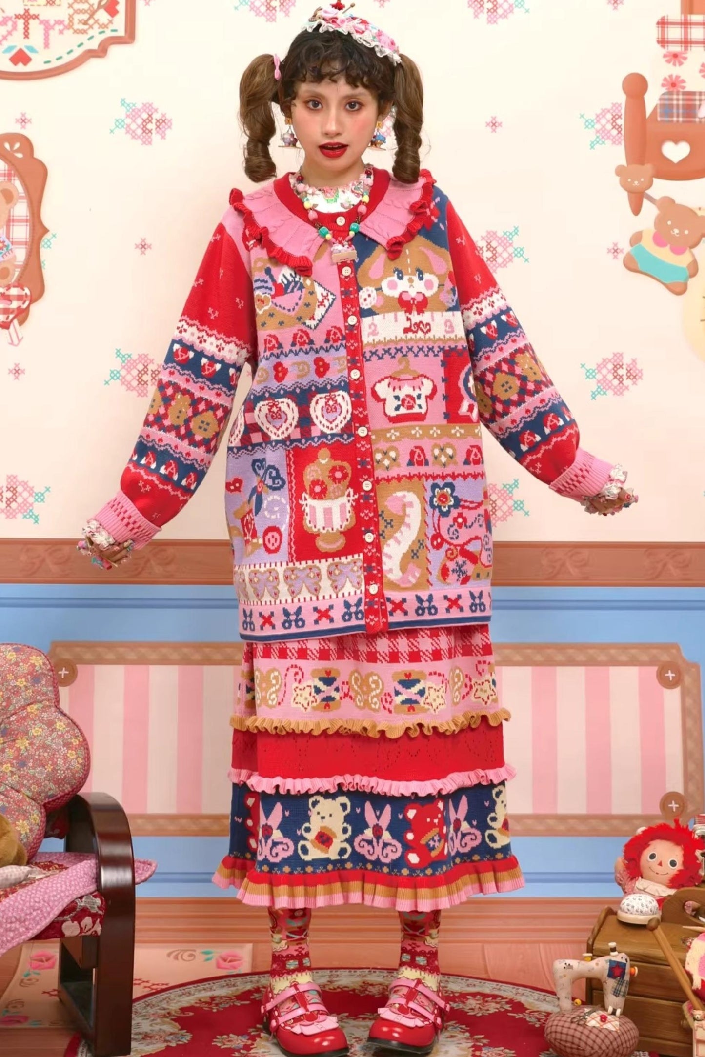 Rot-Marineblaue Jacquard-Strickjacke