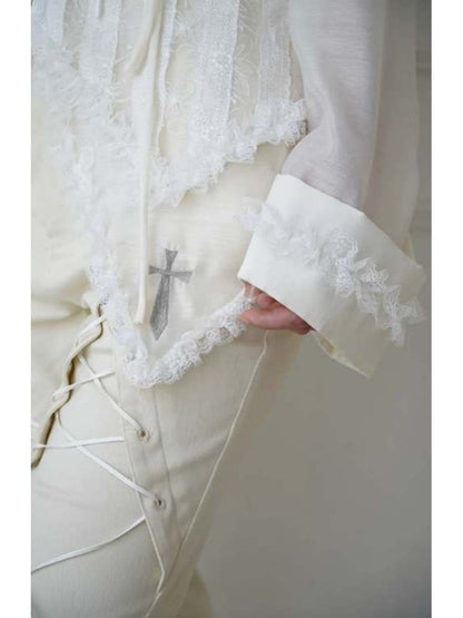 Lace-Up Crosses Embroidery Chiffon Lace Trim Shirt