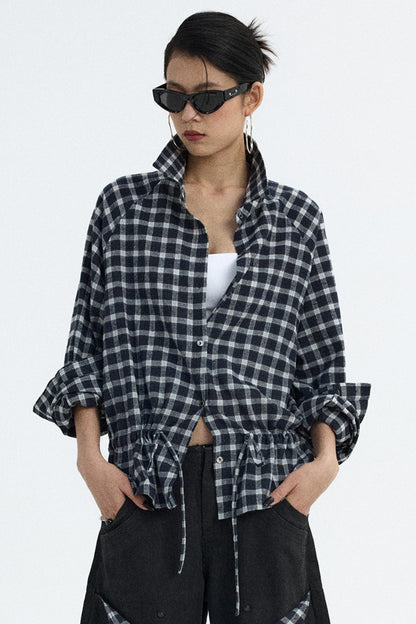 Navy Plaid Drawstring Top
