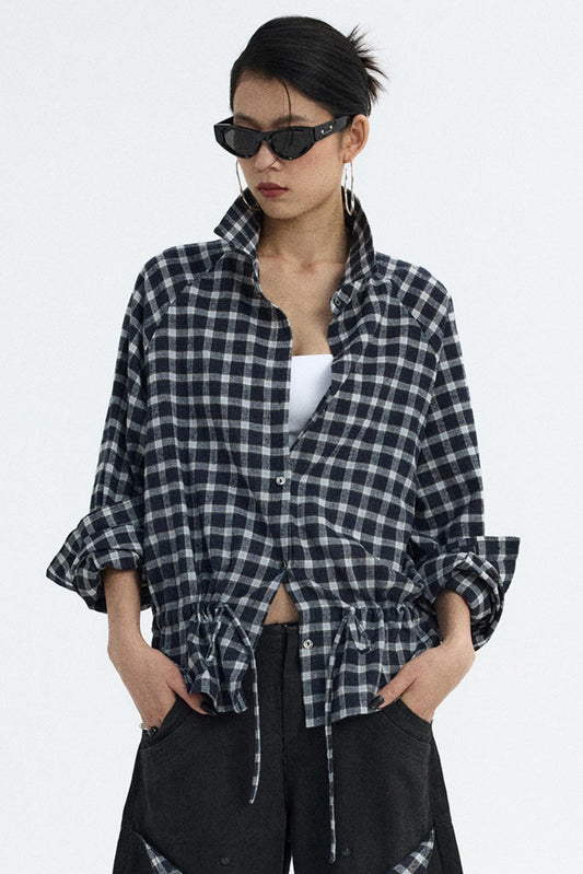 Navy Plaid Drawstring Top