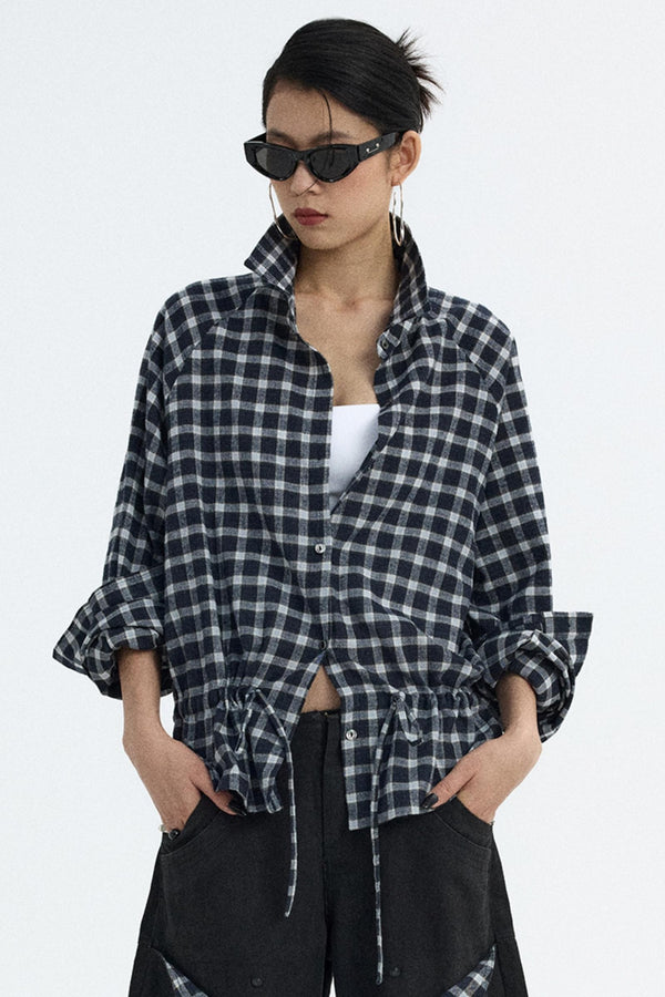 Navy Plaid Drawstring Top