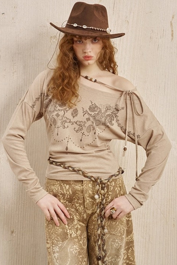 Vintage Totem Slanted Shoulder Pullover Knit Top