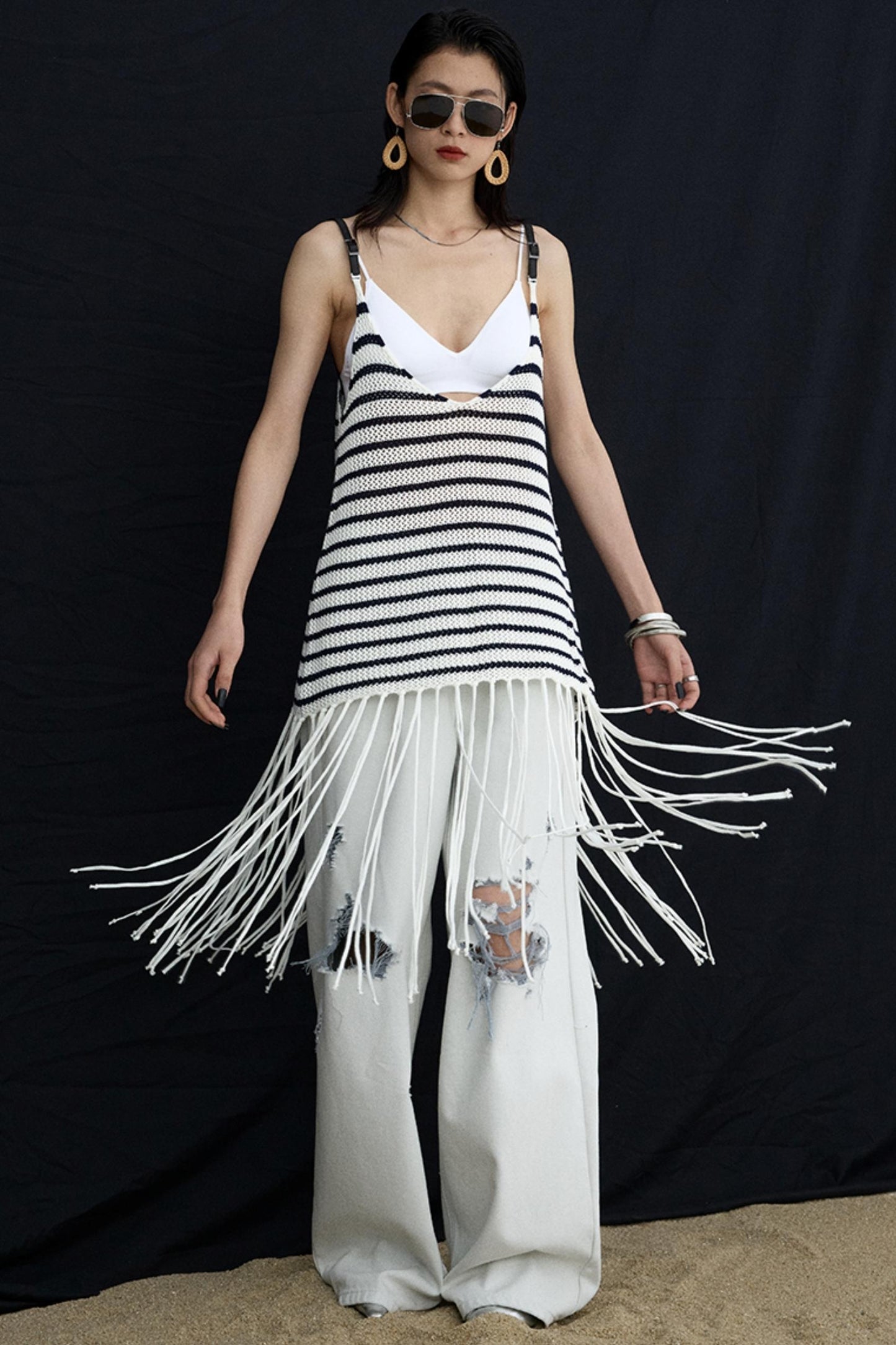 Summer Jacquard V-Neck Leather Hem Vest