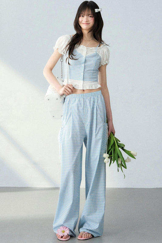 Blue Plaid Off-Shoulder Top Set-Up