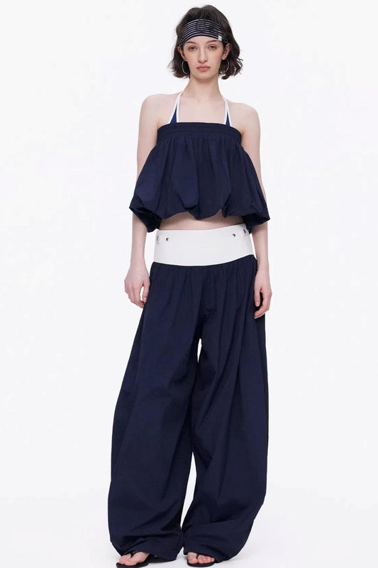 Elegant navy blue  minimalist knitted tube top and wide-leg pants set