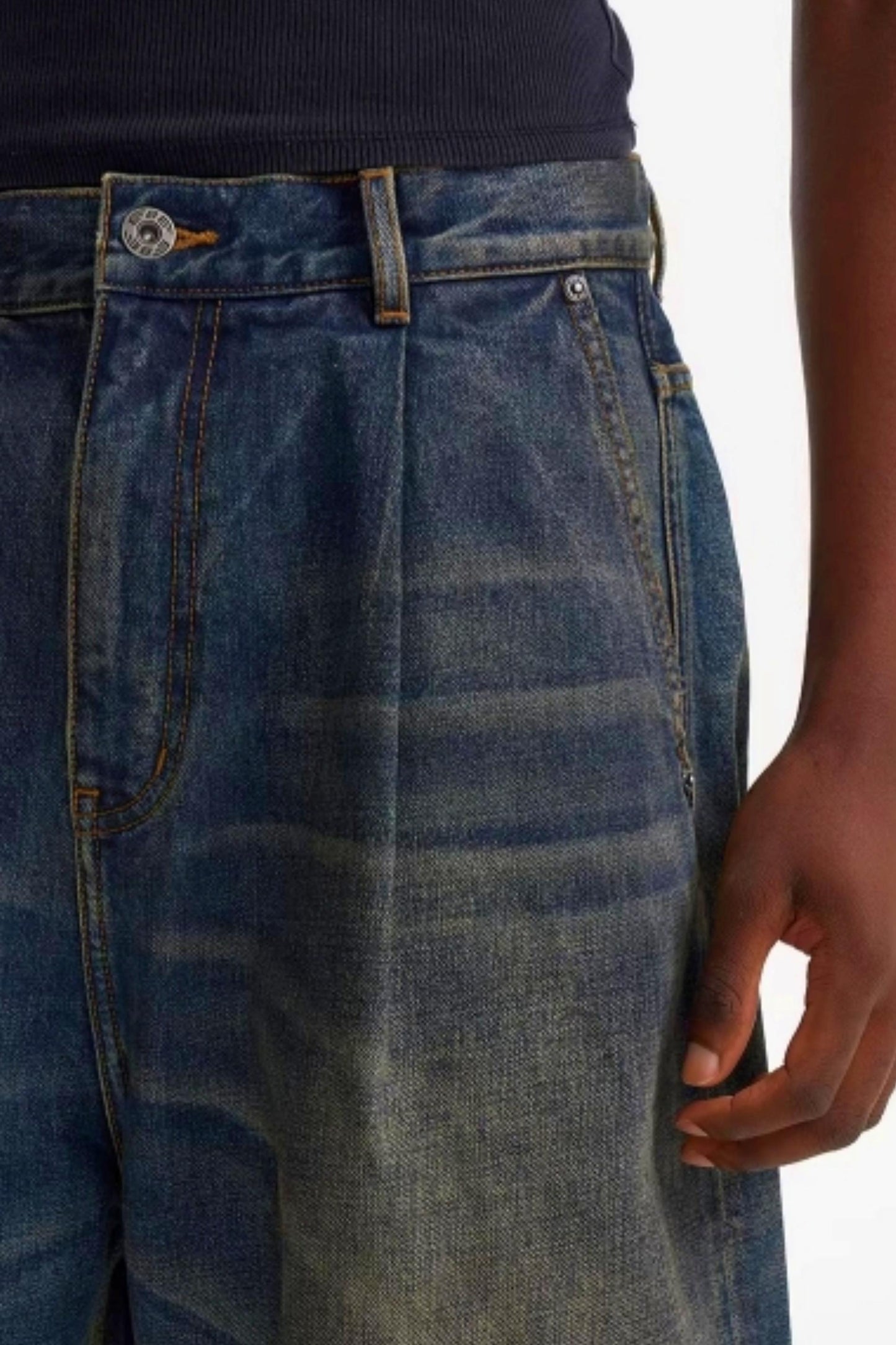 Pleated Washed Denim Pants