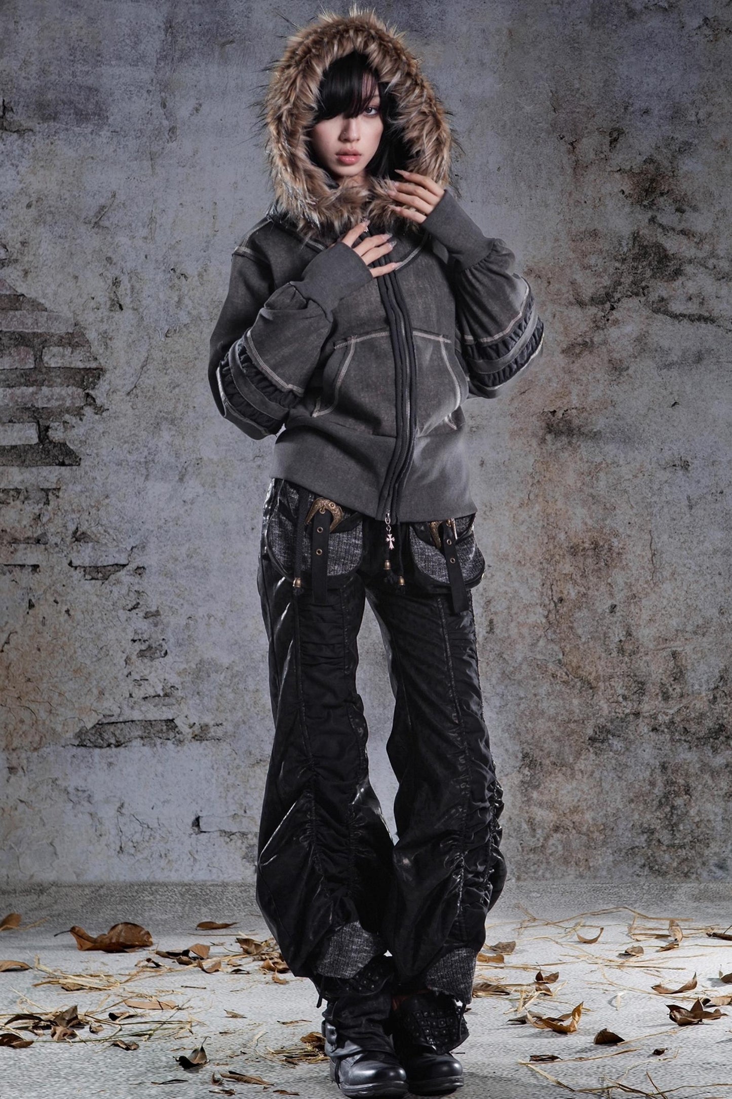 Vintage Lantern Sleeve Hooded Sweatshirt Jacket