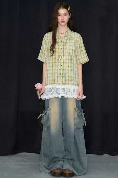 Green Plaid Lace Hem Shirt