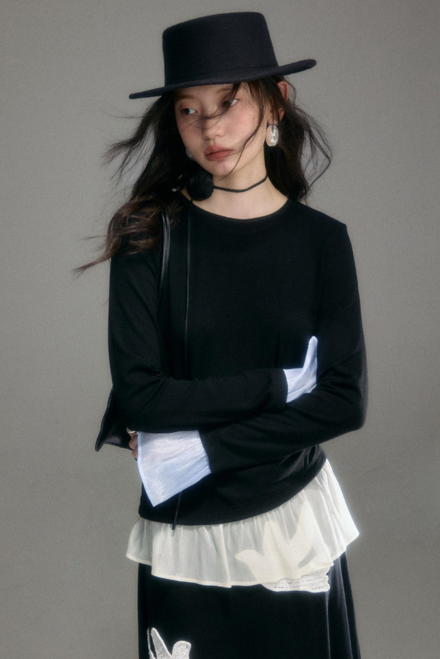 Knitted Panel Long-Sleeved T-Shirt