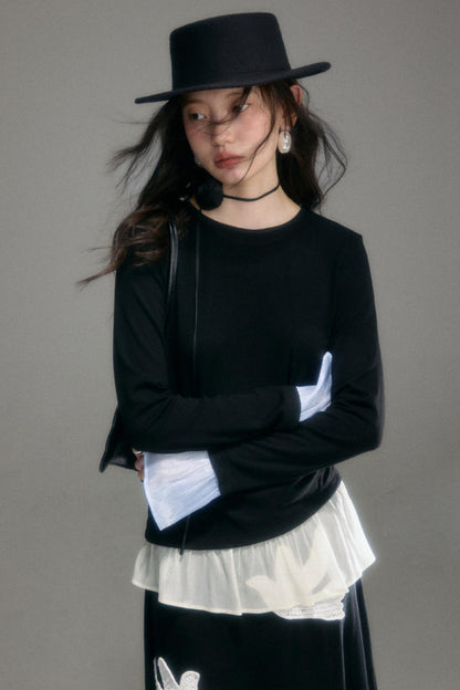 Knitted Panel Long-Sleeved T-Shirt