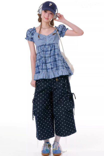 Checkered Plaid Puff Sleeve T-Shirt