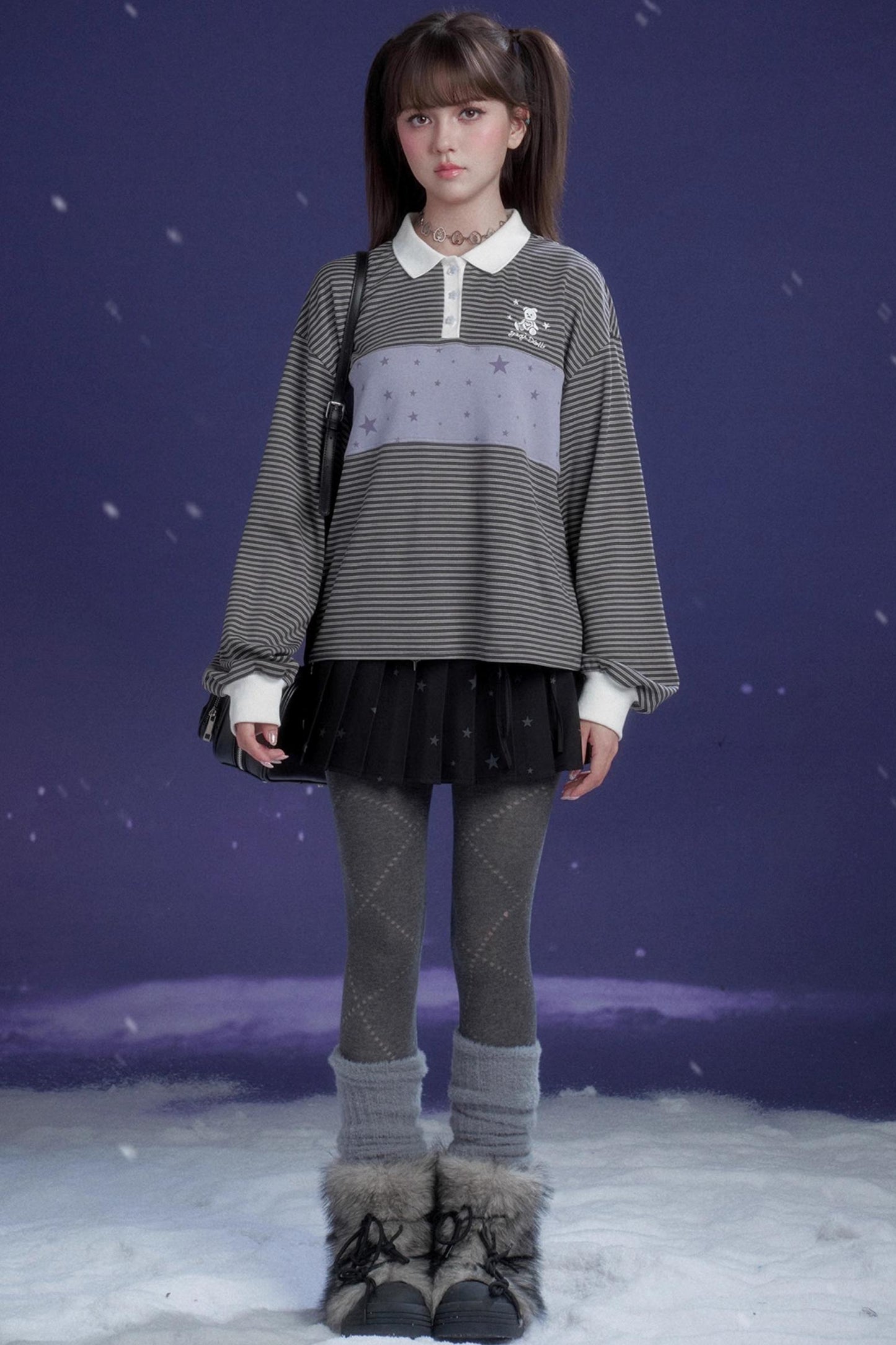 Gray-Purple Striped Polo Top