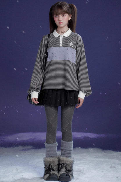 Gray-Purple Striped Polo Top