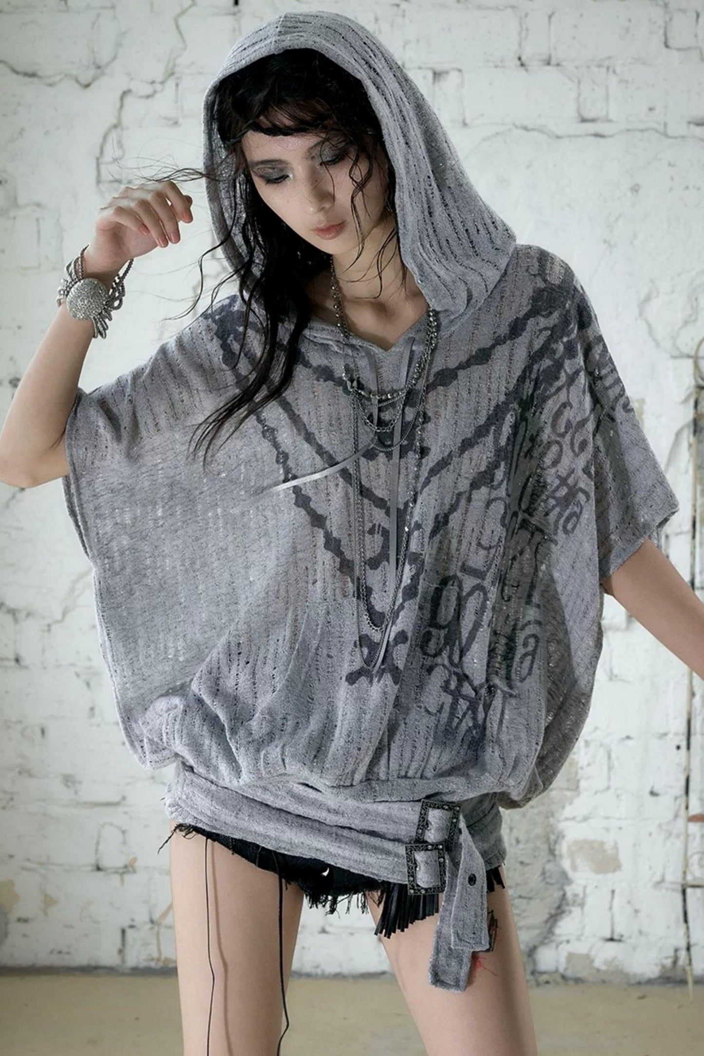Punk Ripped Knit Hooded Blouse
