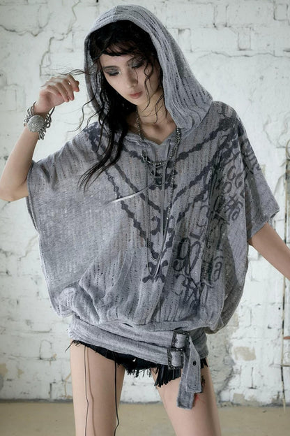 Punk Ripped Knit Hooded Blouse