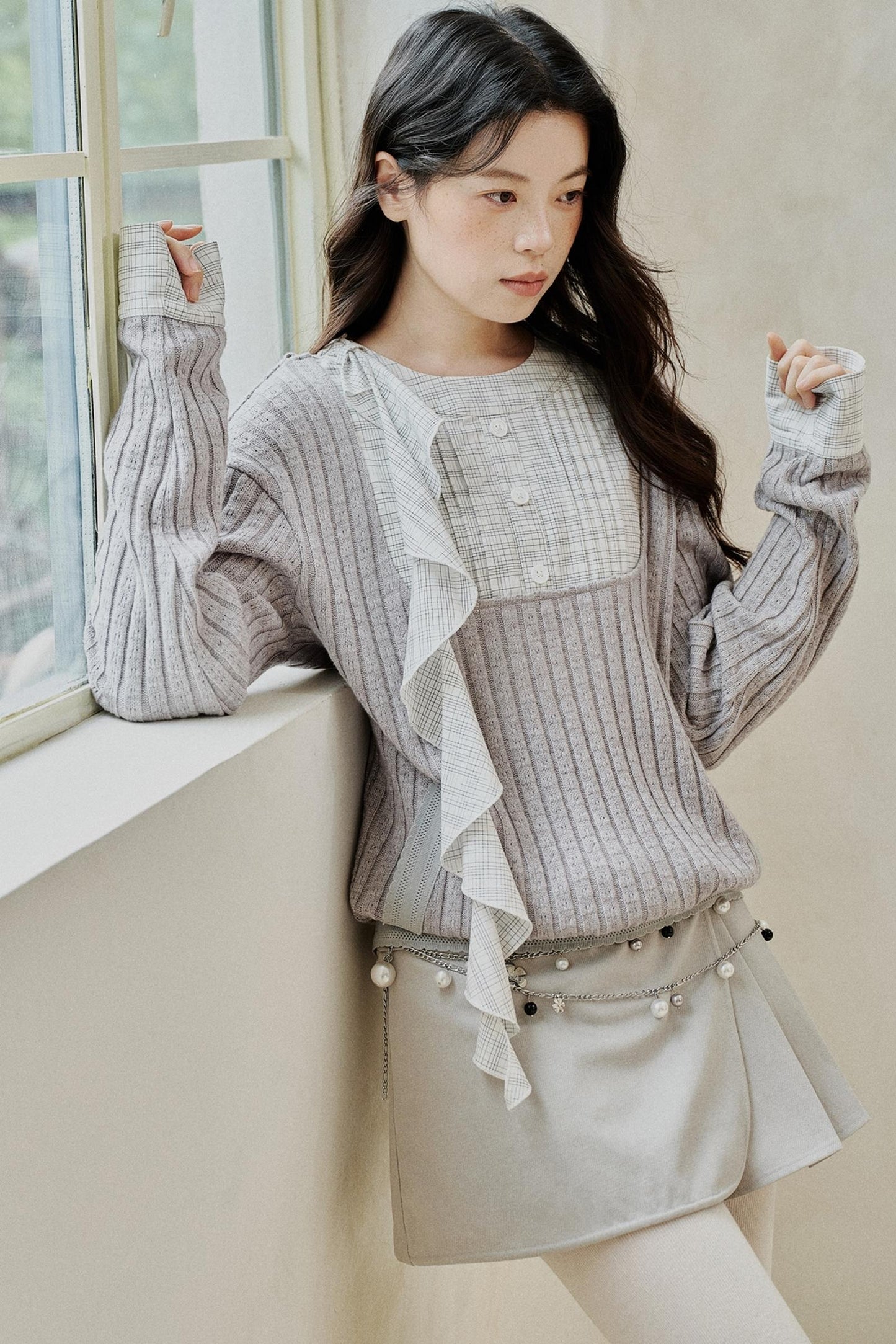 Gray Patchwork Ruffled Knitted Top