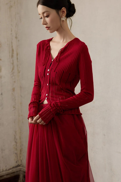 Autumn Red Knitted Cardigan