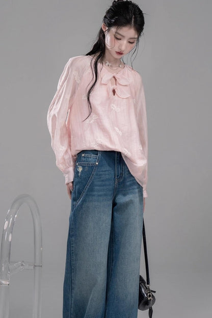 BellaModa 체리 핑크 네크라인 타이 셔츠 꽃 봉오리 스커트 셋업