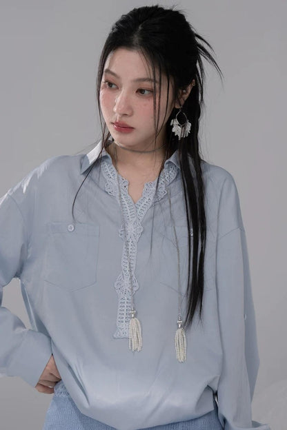 Mist Blue Lace Collar Shirt