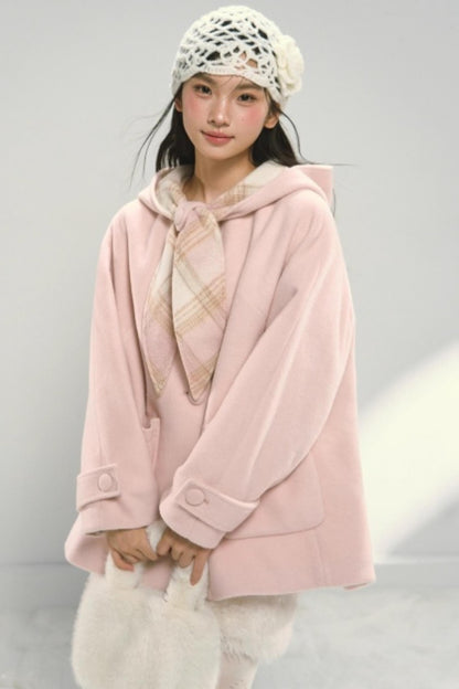 Pink Paneled Plaid Hooded Wool Coat