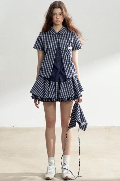 Vintage Blue Check Shirt & Layered Puffy Skirt Set-Up