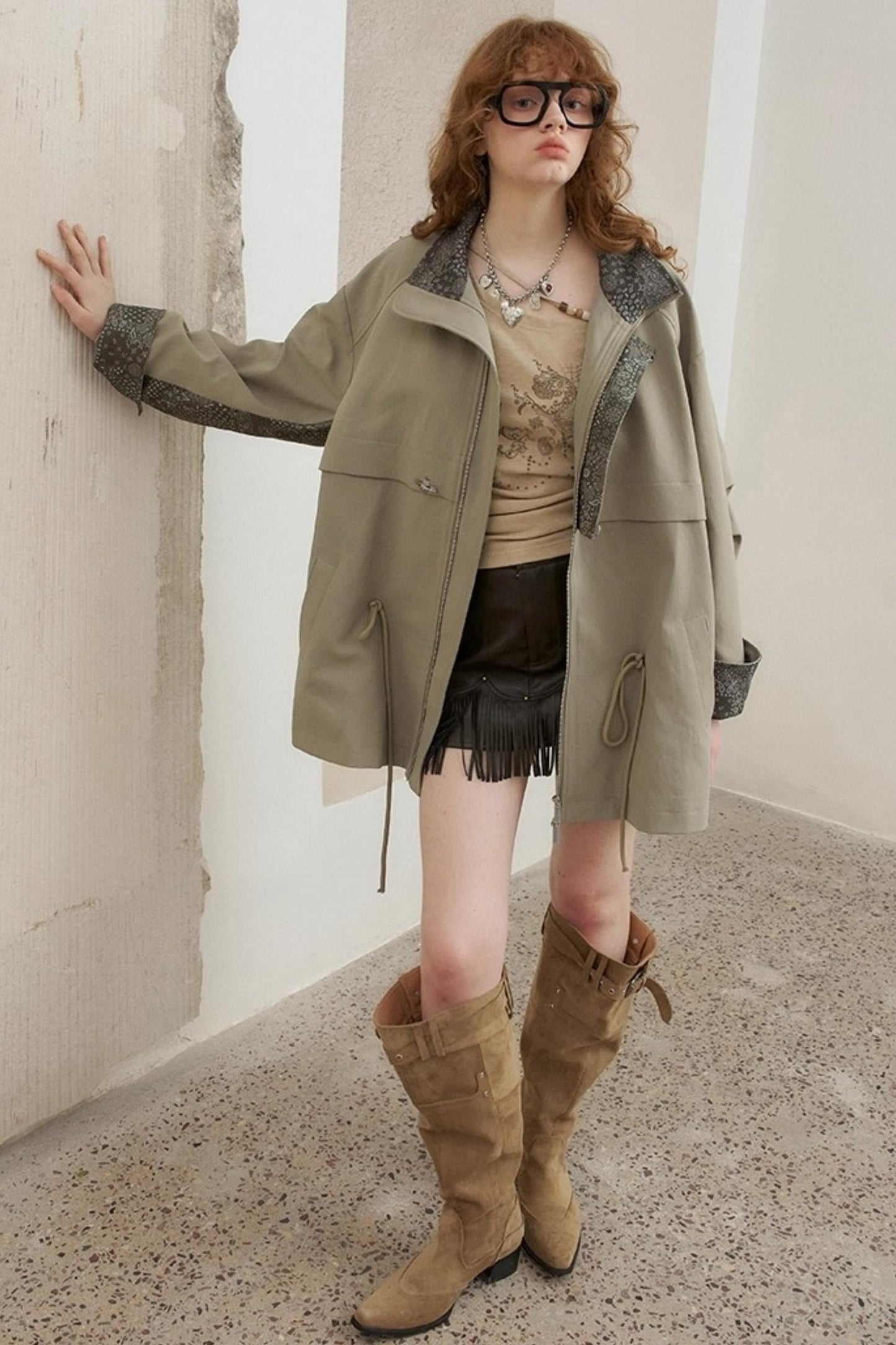 Contrast Windproof Drawstring Midi Trench Coat