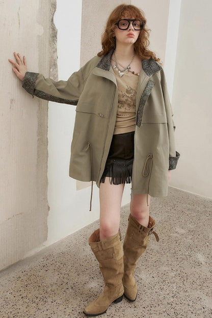 Contrast Windproof Drawstring Midi Trench Coat