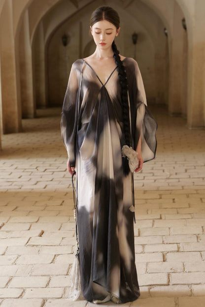 Chinese Ink Blended V-Neck Bat Sleeve Long Dress
