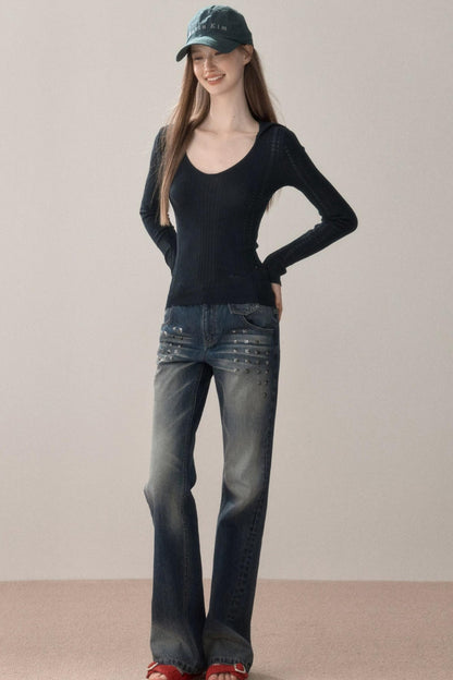 Retro Studded Rhinestone Jeans