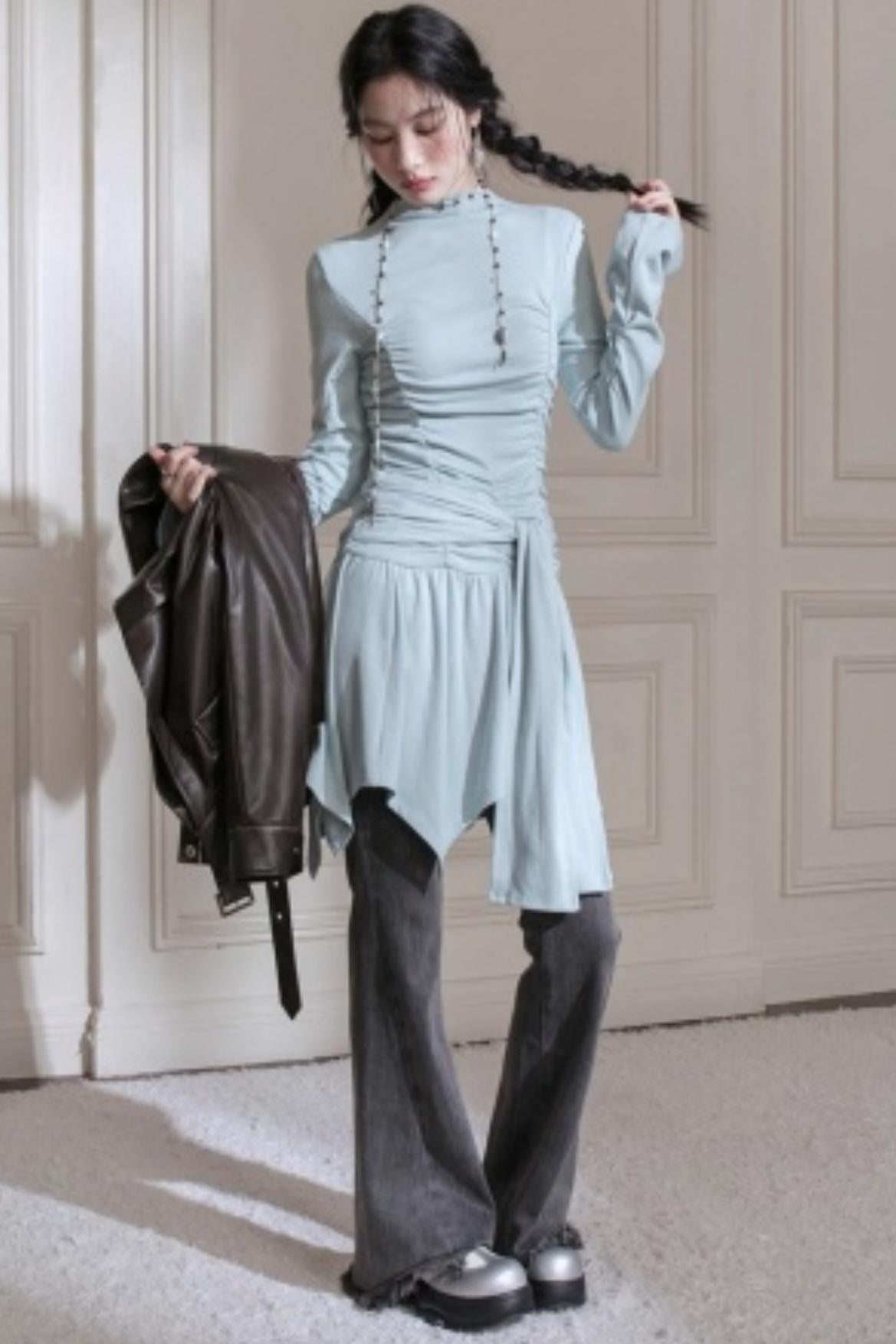 Pleated Turtleneck Dress