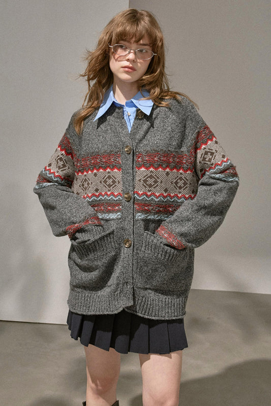 Fair Isle Knitted Gray Cardigan