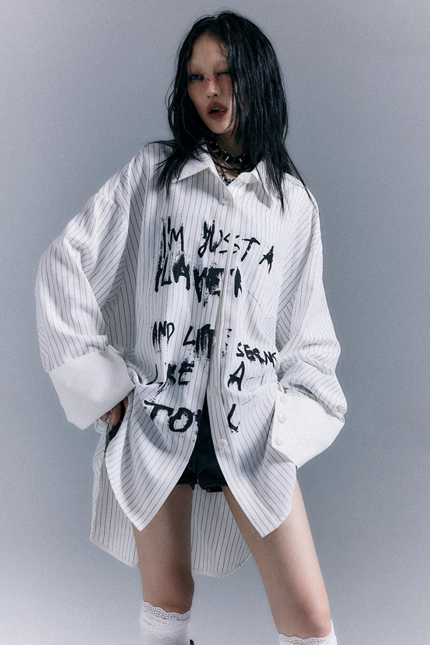 Graffiti Print Striped Long-Sleeved Shirt