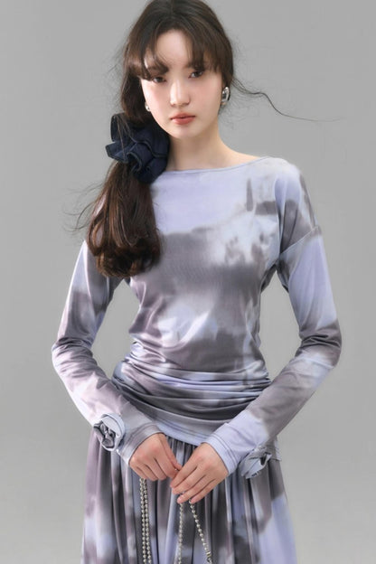 Poetic Swing Collar Print T-Shirt & Skirt Set-Up