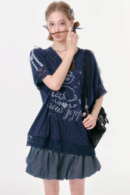 Dark Blue Floral Lace V-Neck T-Shirt