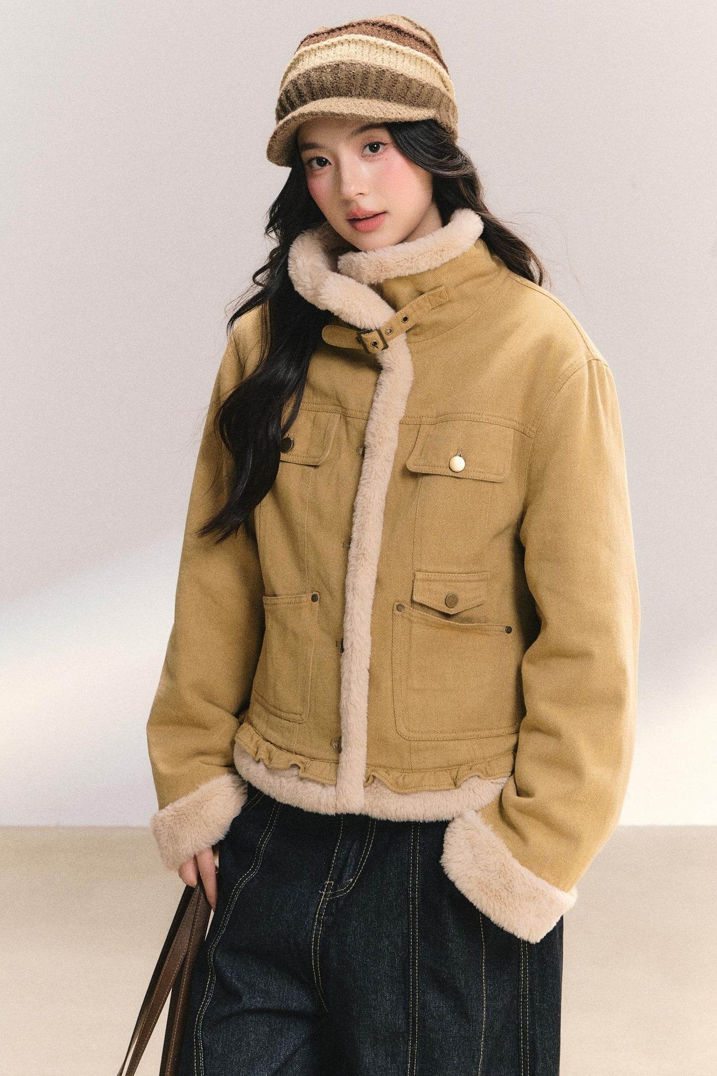 Denim Lace Trim Fur Coat