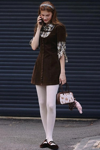 Brown Plaid Corduroy Dress