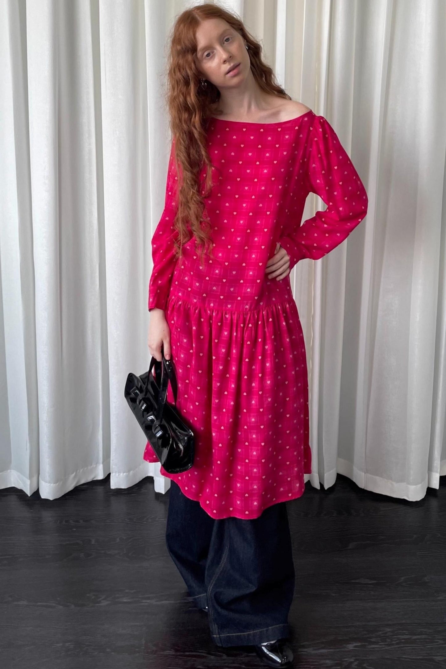 Smell Love Bow Rose Red Plaid Long Sleeve Dress