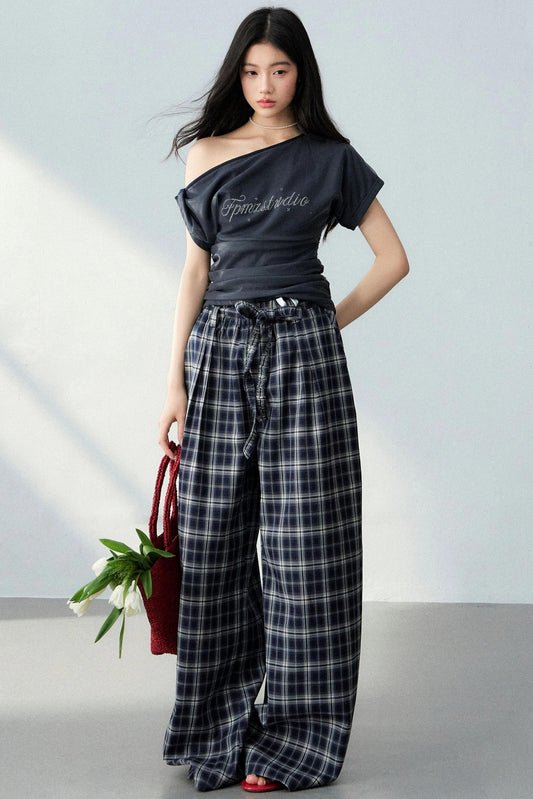 Asymmetrical Top and Plaid Pants Set-Up