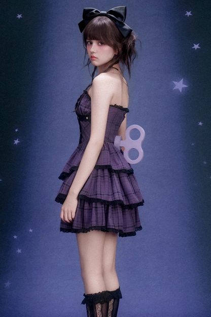 Grape Purple Plaid Strapless Dress Set-Up