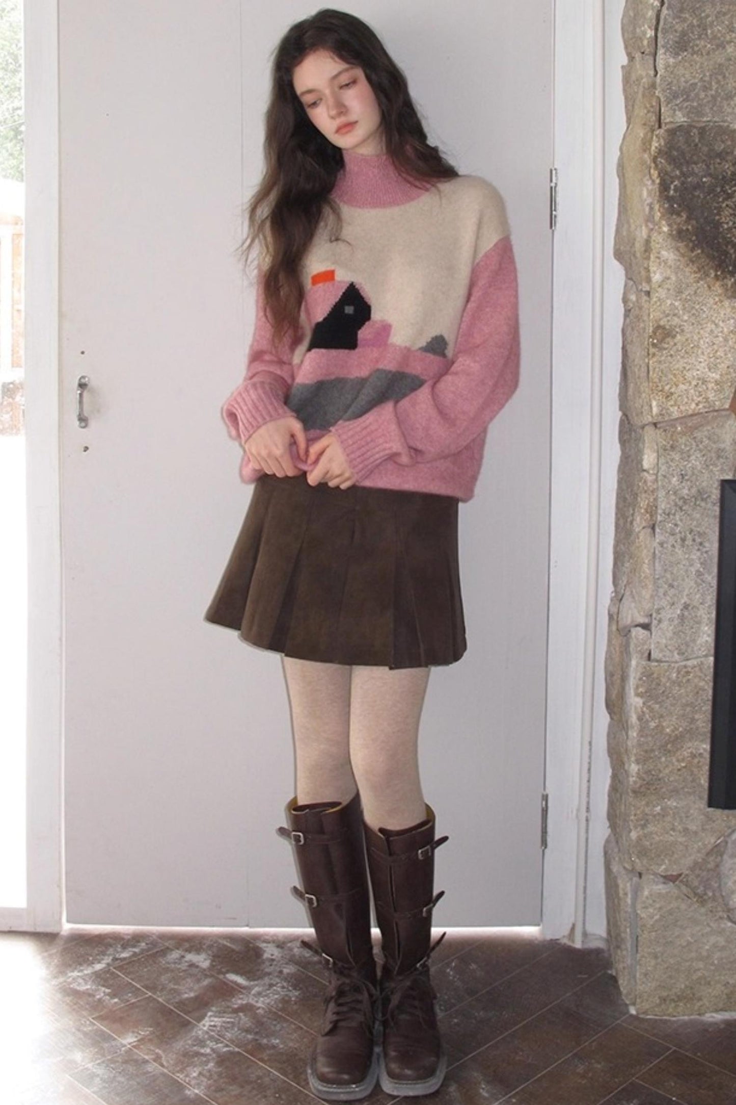 Vintage Distressed Leather Pleated Skirt