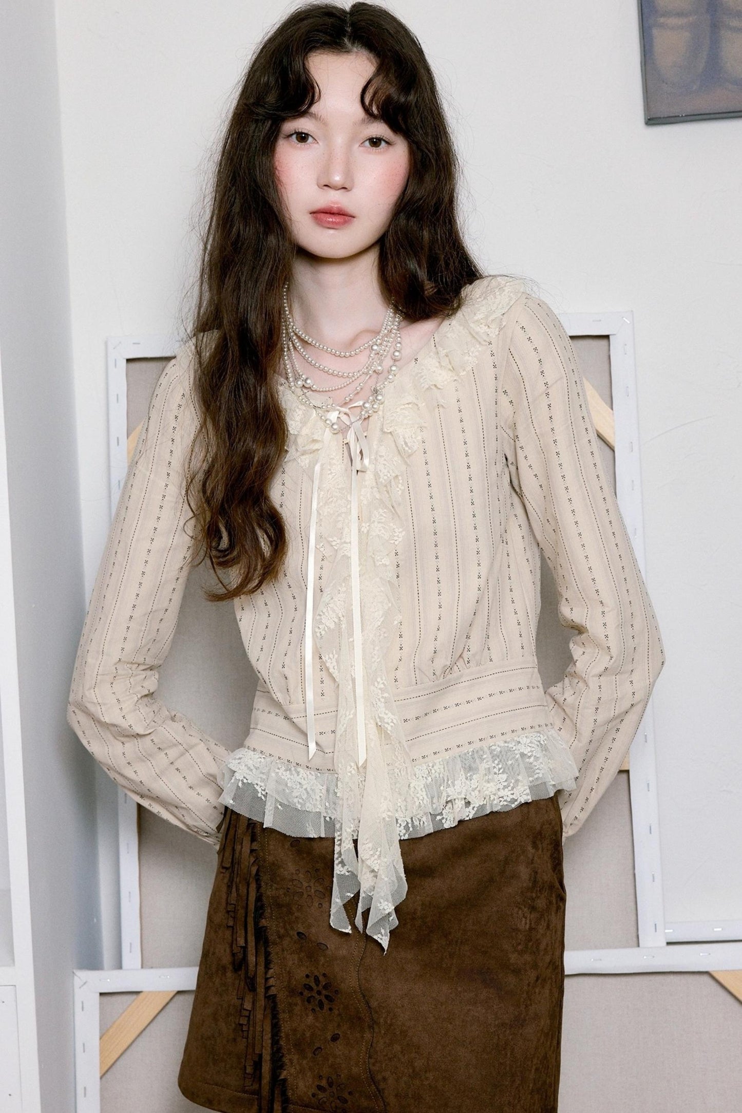 Vintage Coffee Openwork Fringed Suede A-Line Skirt