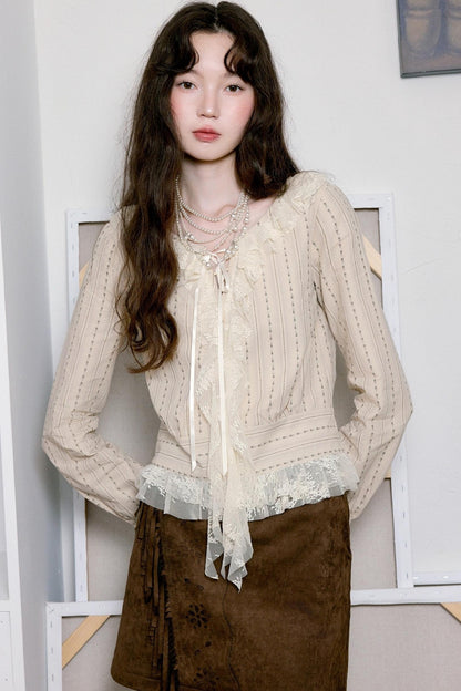 Vintage Coffee Openwork Fringed Suede A-Line Skirt