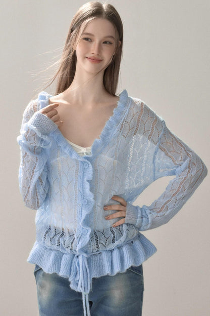 Knit Ruffled Cut Out Blouse