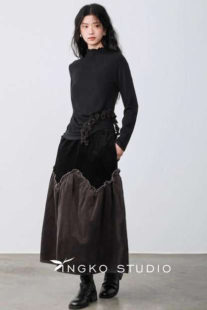 Gray Coffee Spliced Corduroy Skirt