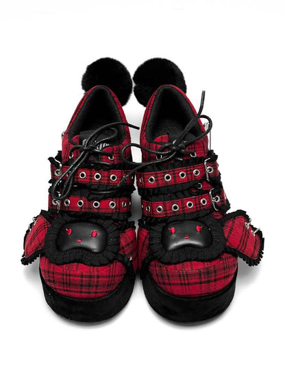 Y2K Black Rabbit Plaid Platform Shoes