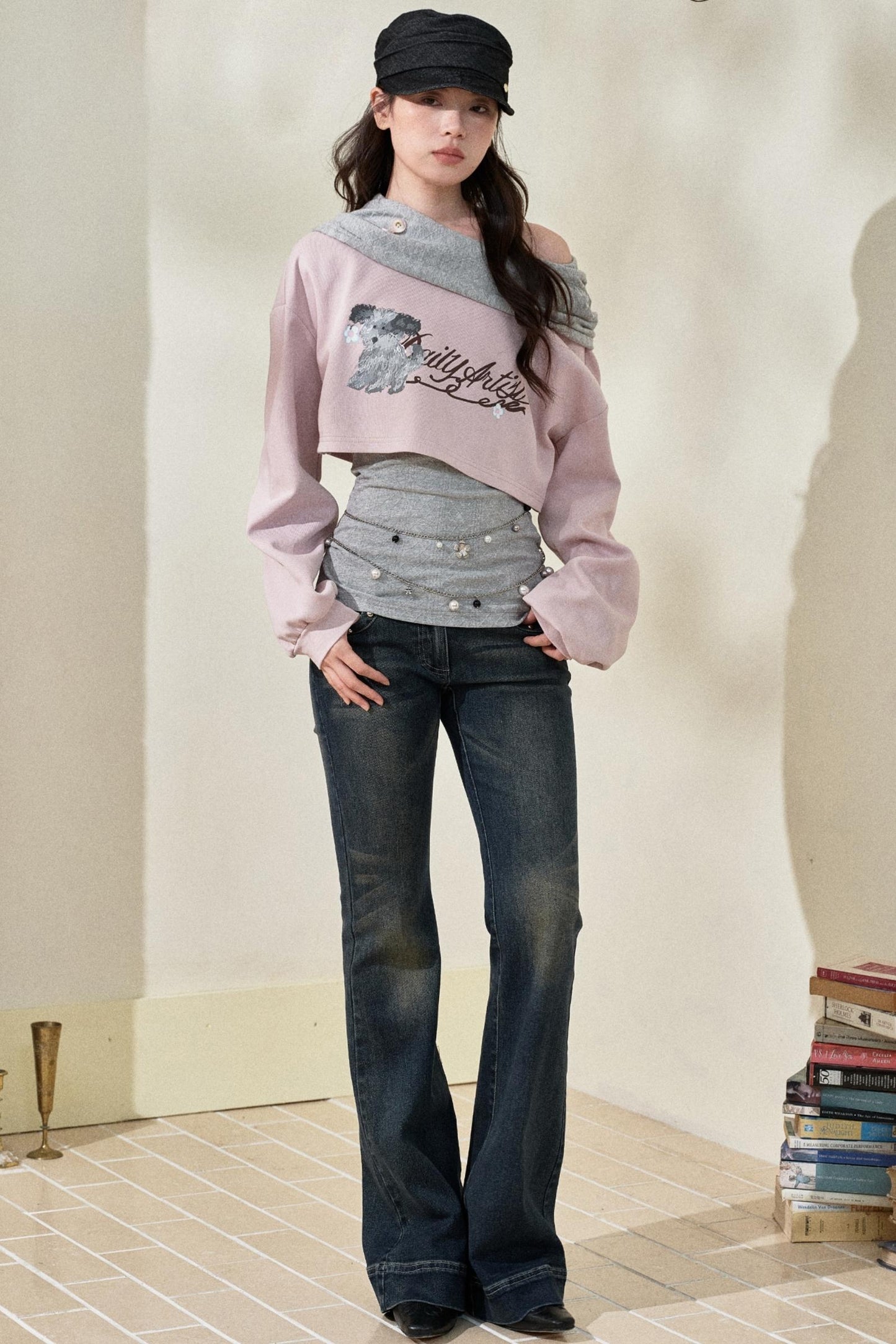 Pink Gray Fake Two Piece Hooded Top