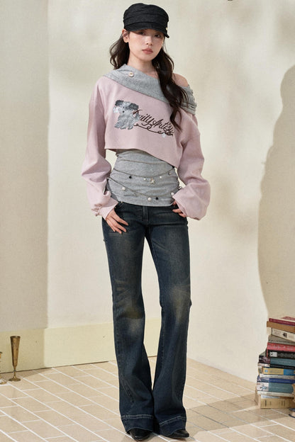 Pink Gray Fake Two Piece Hooded Top