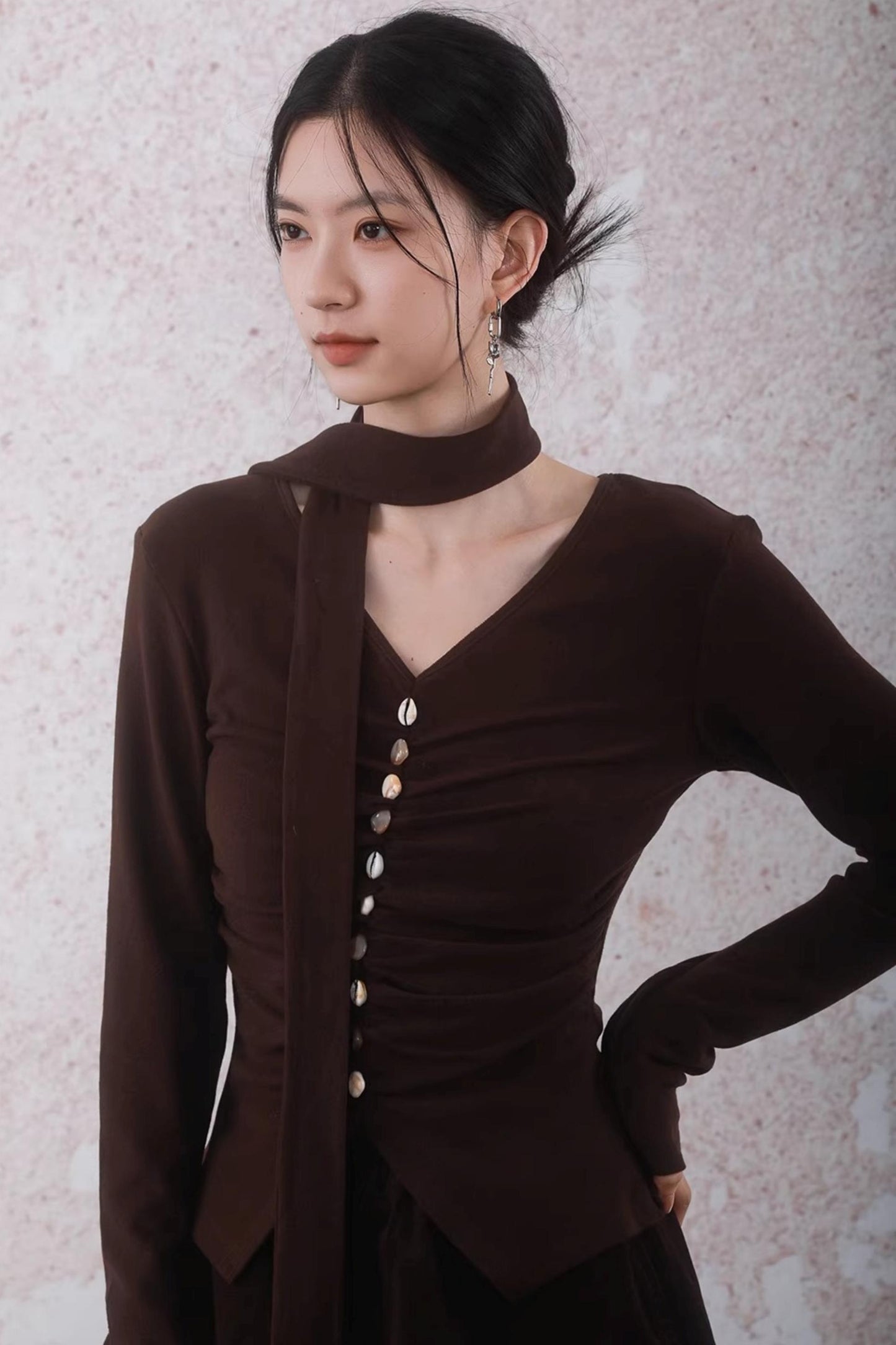 Caramel Coffee Shell Buckle Streamer Top