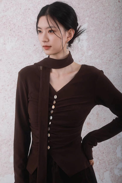 Caramel Coffee Shell Buckle Streamer Top