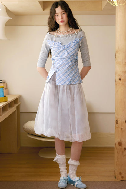 Gray Blue Plaid Knit Top